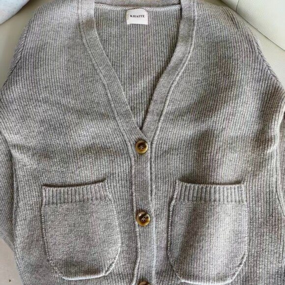 Khaite Beige 100% Wool Knit Cardigan | Textured Buttons + Pockets Sweater - Picture 1 of 5